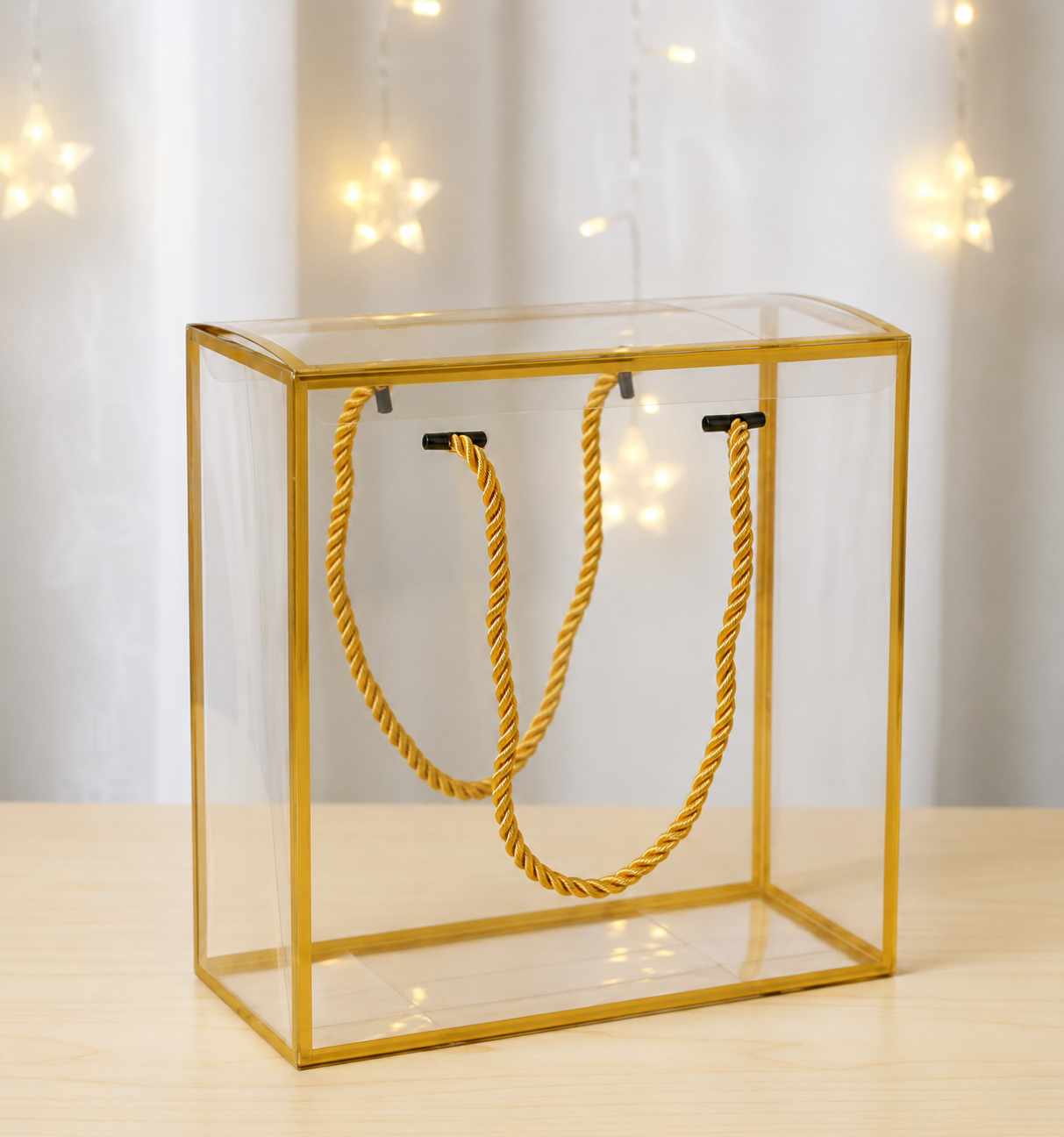 ChatGPT Image Jul 22, 2026, 05_58_48 PM Transparent PVC Golden Hamper Box with Rope Handle (8 × 3.5 × 8 Inches) | PVC-HB02 - Image 1