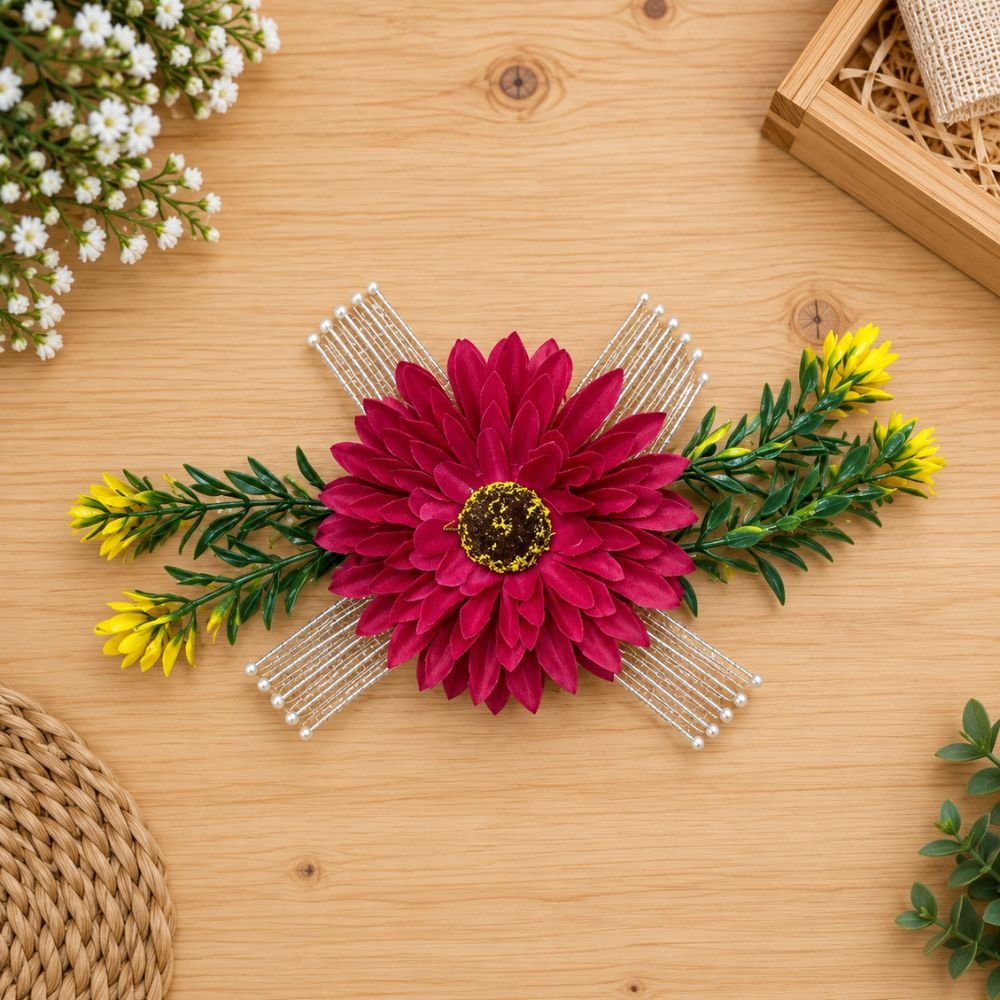 Pack Of 80 Pices. (6) Sunflower Net Wire Silver Ribbon Bunch Rani Pink Colour - Image 1