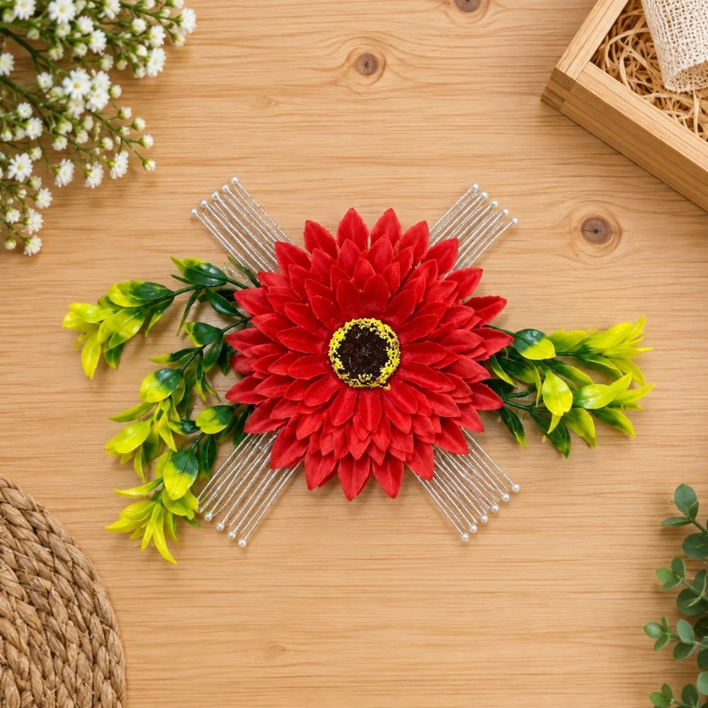 Pack Of 80 Pices. (7) Sunflower Net Wire Silver Ribbon Bunch Red Colour - Image 1